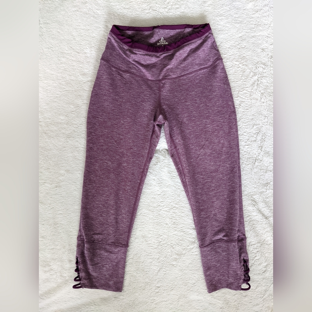 Prana Capri Length Leggings, Detail Hem, Small, Heathered Pink/Purple
